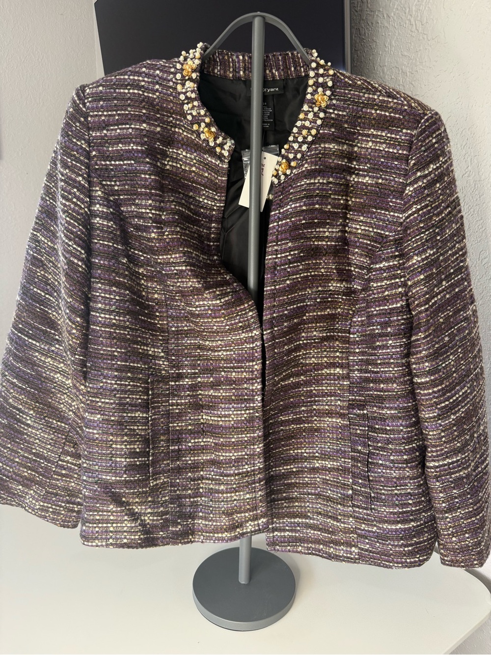 Lane Bryant NWT Embellished Tweed Jacket Blazer Pearl Sequin Metallic Purple 24
